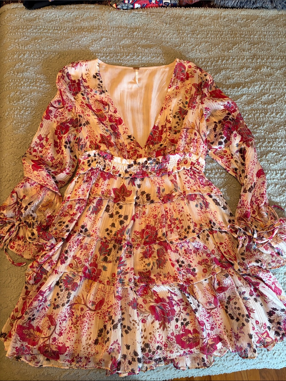 Free People Cream and Pink Floral Tiered Long Sleeve Dress